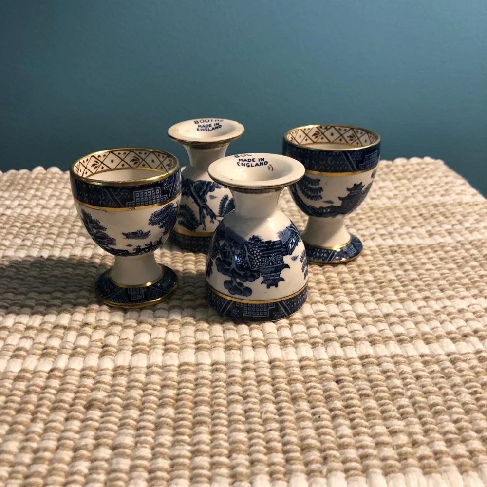 Vintage Booths England blue  and White Porcelain Egg Cups w Gold Trim - Set of 4